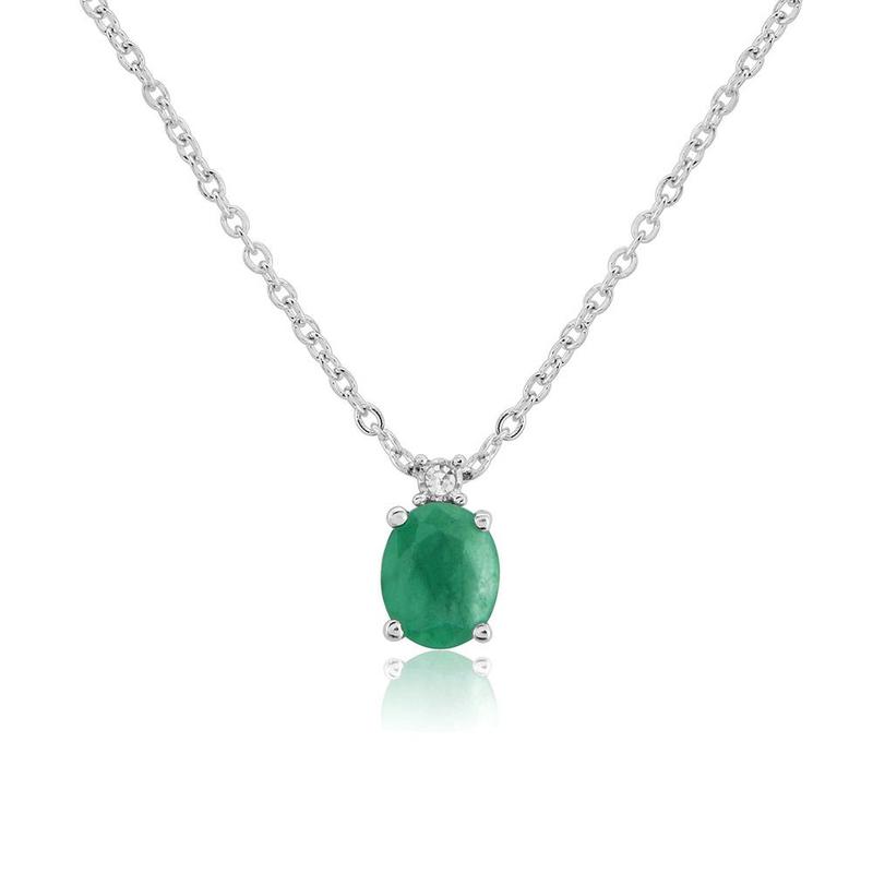 9ct White Gold Diamond Emerald Pendant Necklace