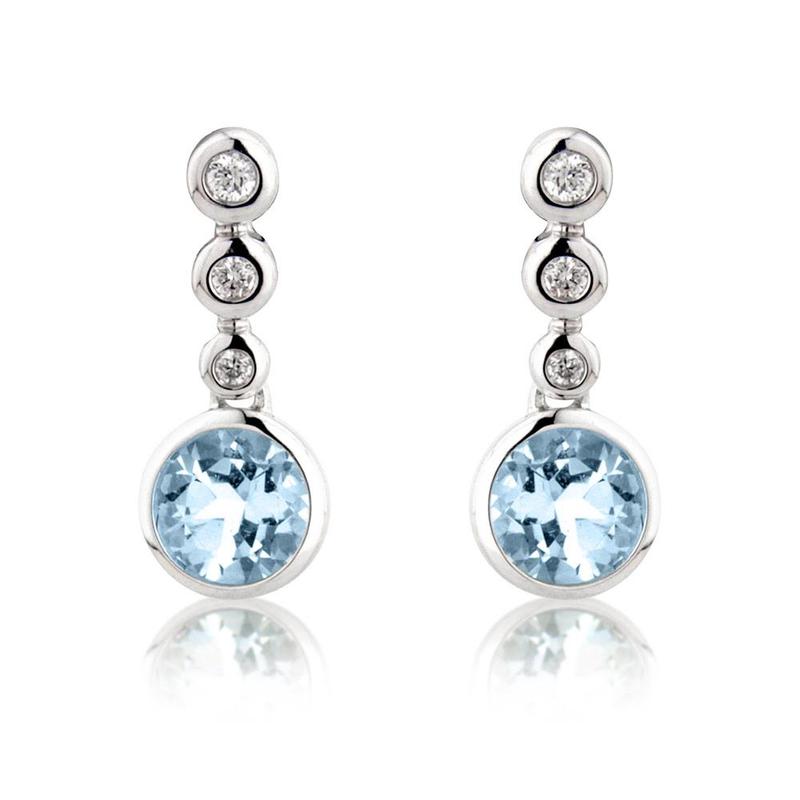 9ct White Gold Diamond & Aquamarine Drop Earrings