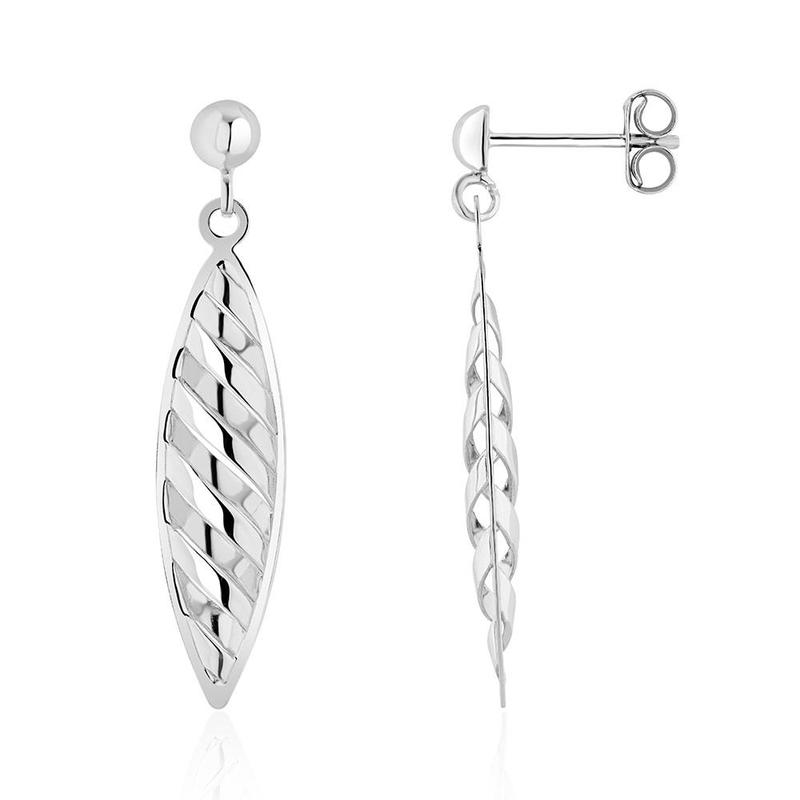 9ct White Gold Striped Marquise Drop Earrings
