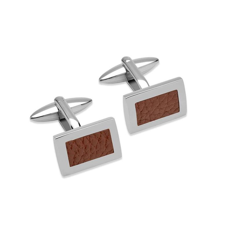 Unique & Co Steel Cufflinks with Brown Leather