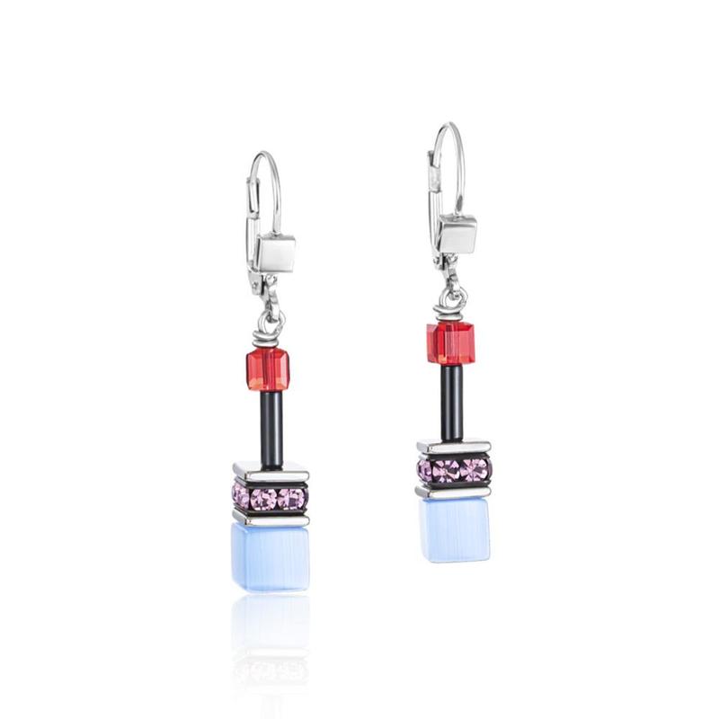 GeoCUBE® Purple Red and Blue Drop Earrings
