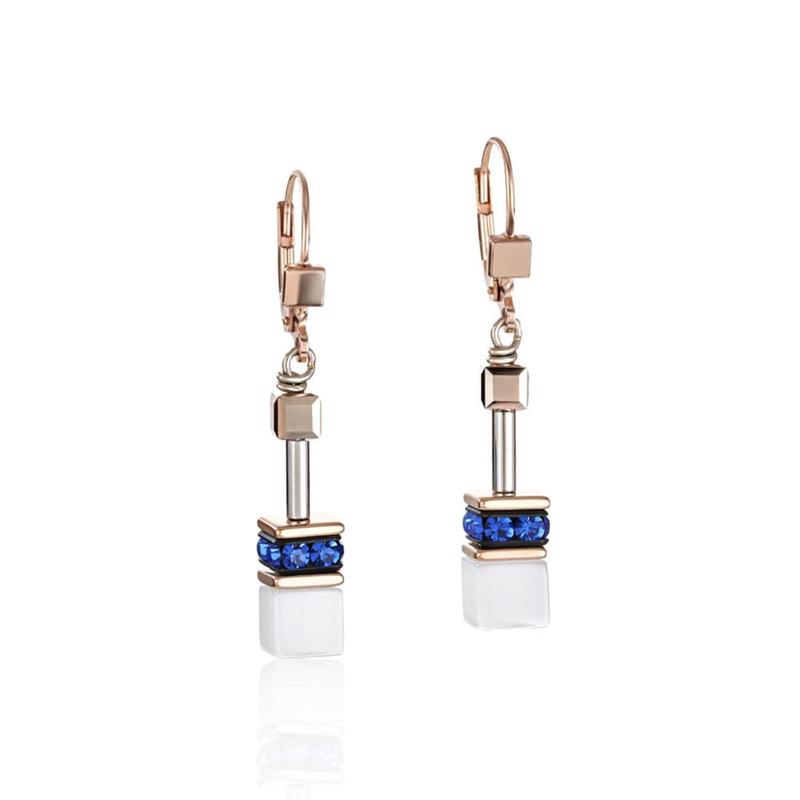 GeoCUBE® Rose Gold White & Blue Drop Earrings