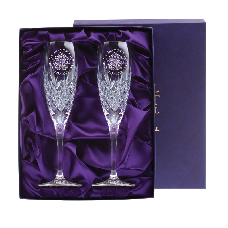 Two Diamond Jubliee Flute Champagne Glasses