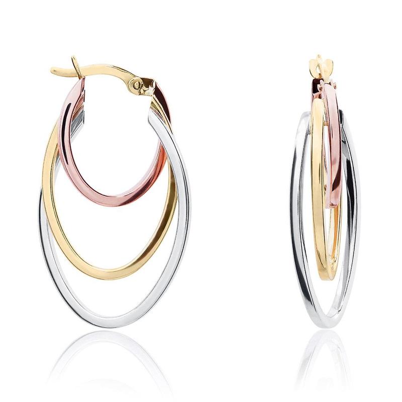9ct Three Colour Gold Oval Hoop Earrings