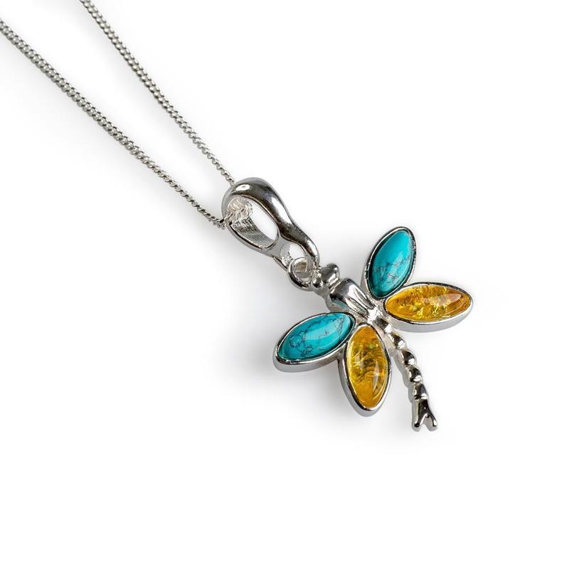 Dragonfly Amber Turquoise Silver Pendant Necklace