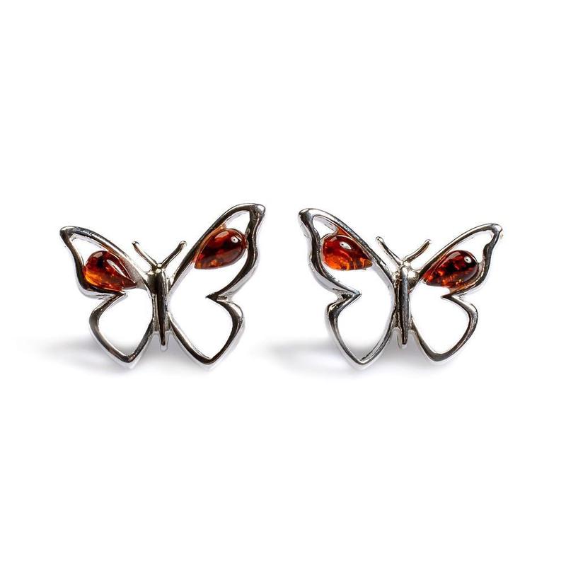 Butterfly Silver and Amber Stud Earrings