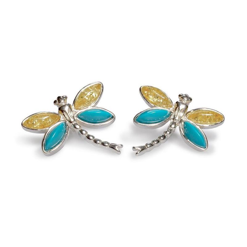 Dragonfly Amber and Turquoise Stud Earrings