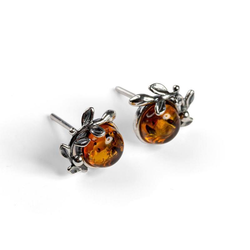 Amber and Silver Leaf Motif Stud Earrings