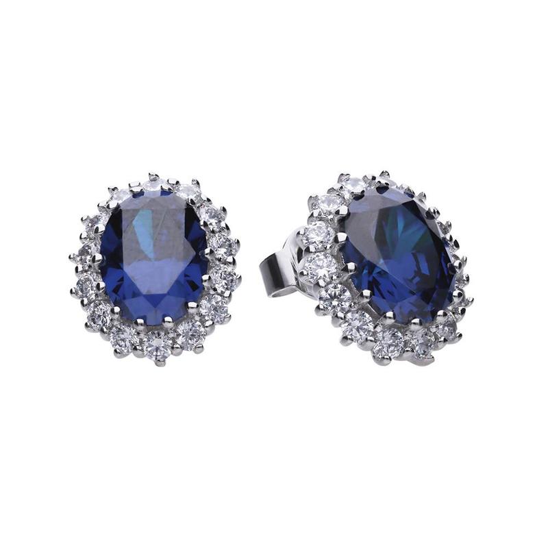 Large Oval Blue & Clear Stone Stud Silver Earrings