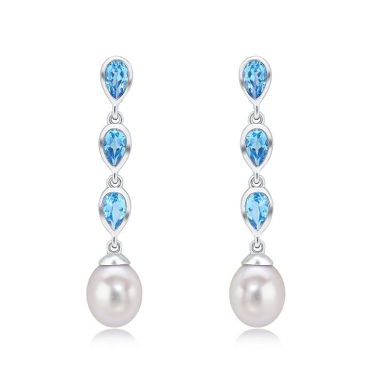 Pearl & Blue Topaz Triple Drop Earrings