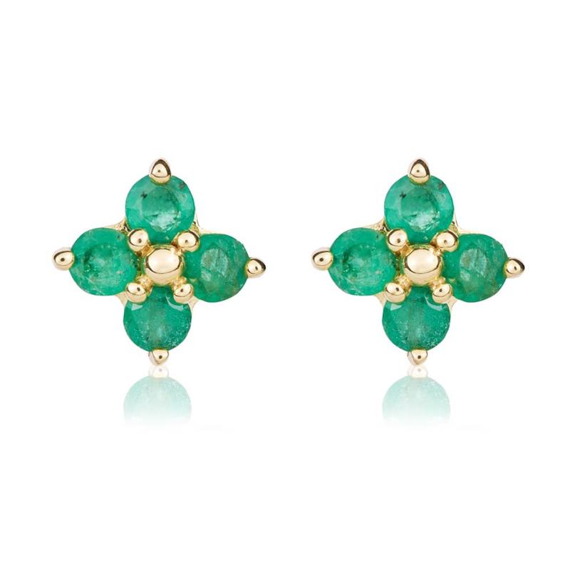 Round Emerald Four Cluster 9ct Gold Stud Earrings