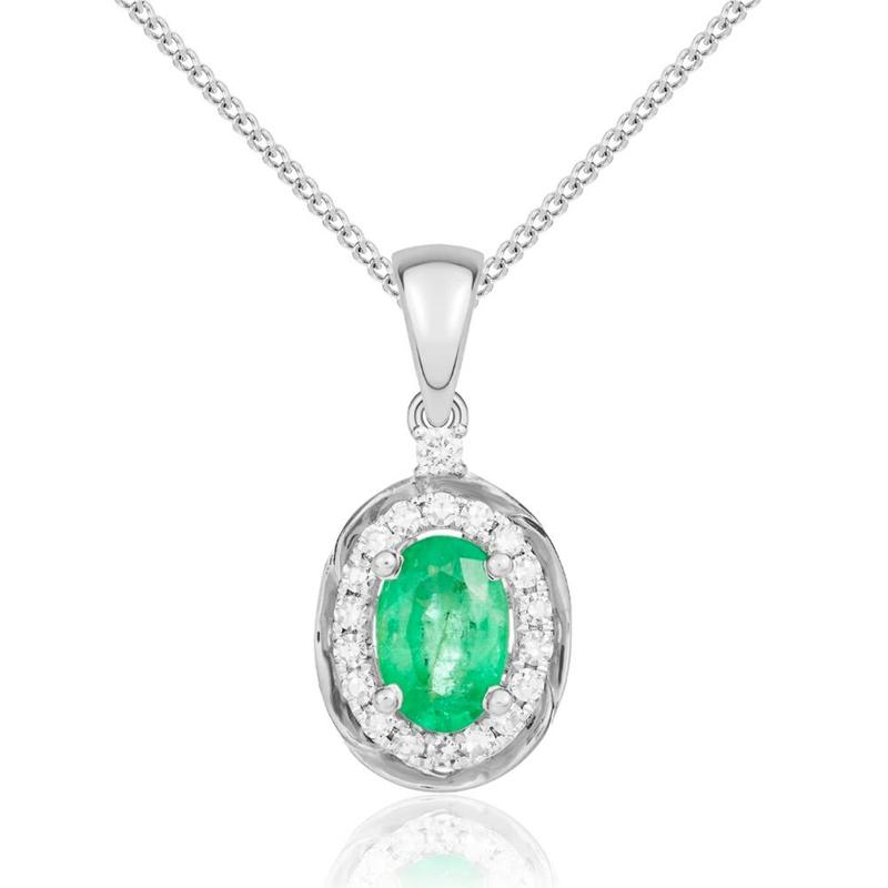 Oval Emerald & Diamond 9ct White Gold Pendant