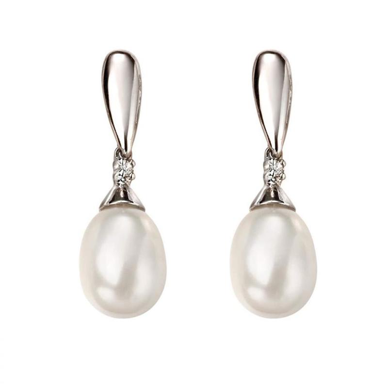 Diamond & Pearl 9ct White Gold Drop Earrings