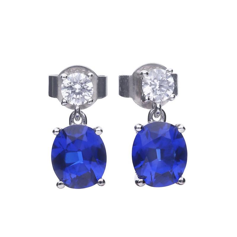 Blue Oval Sapphire & Cubic Zirconia Drop Earrings