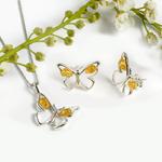 Butterfly Yellow Amber & Silver Stud Earrings