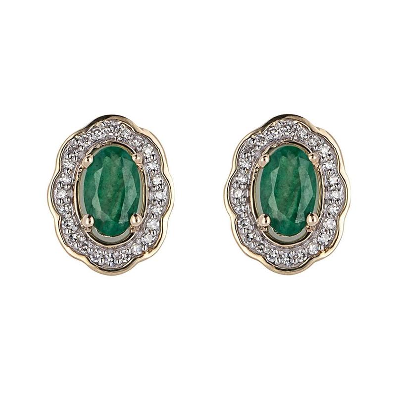 Oval Emerald & Diamond 9ct Stud Earrings