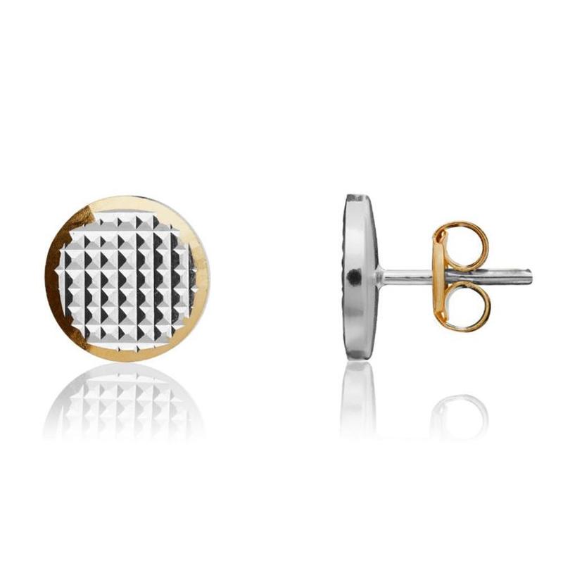 9ct Two Tone Gold Engraved Flat Disc Stud Earrings