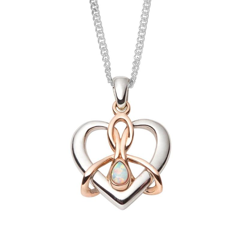Dwynwen Silver Rose Gold Opal Heart Necklace