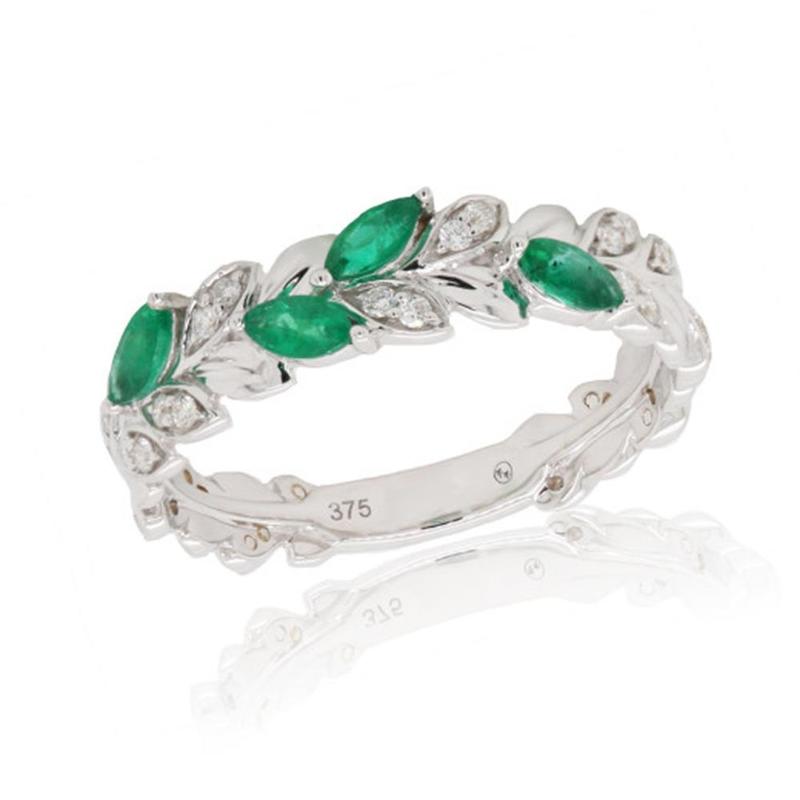 Emerald & Diamond Vine 9ct White Gold Ring