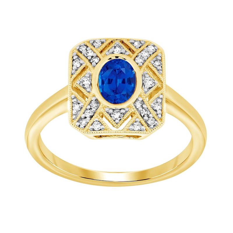 Sapphire & 0.17ct Diamond Shield 9ct Gold Ring