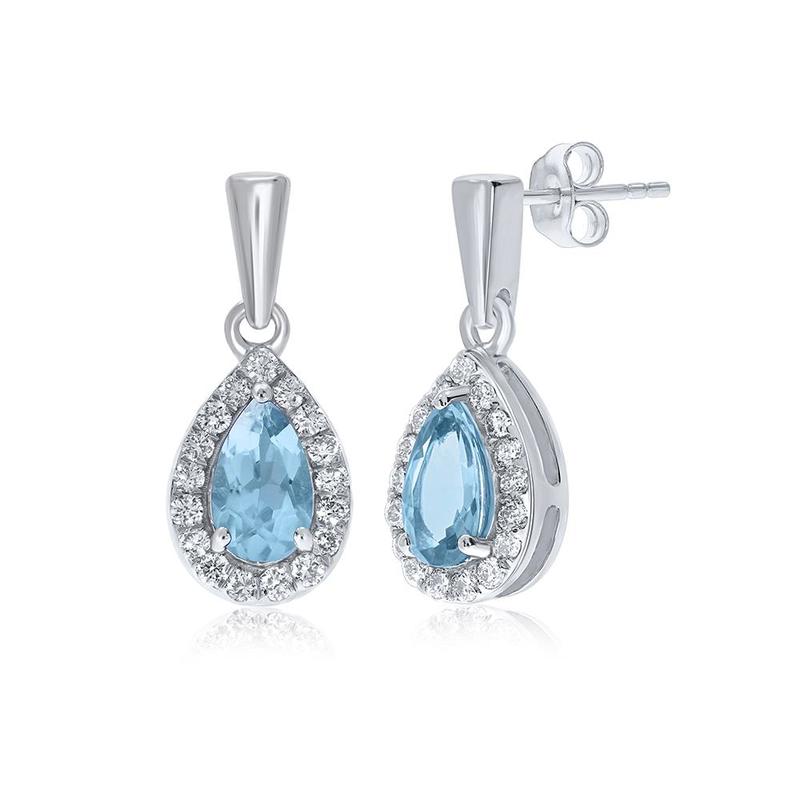 Pear Shape Aquamarine & Diamond 9ct Drop Earrings