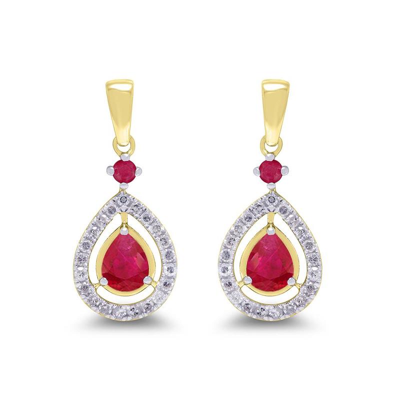 Ruby & Diamond Pear Shape 9ct Gold Drop Earrings