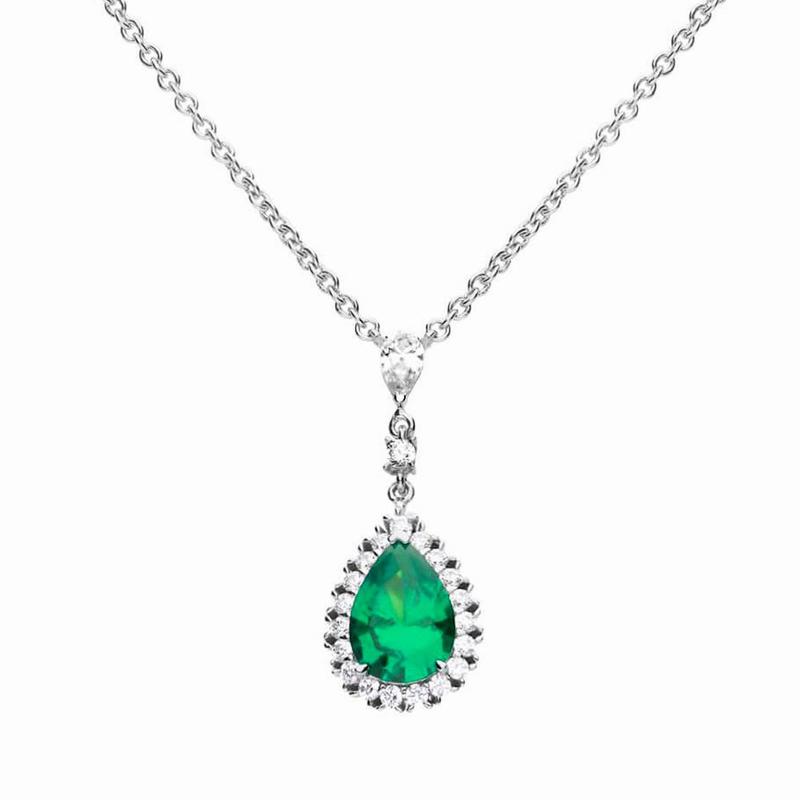 Green Pear Shape Diamonfire Silver Necklace