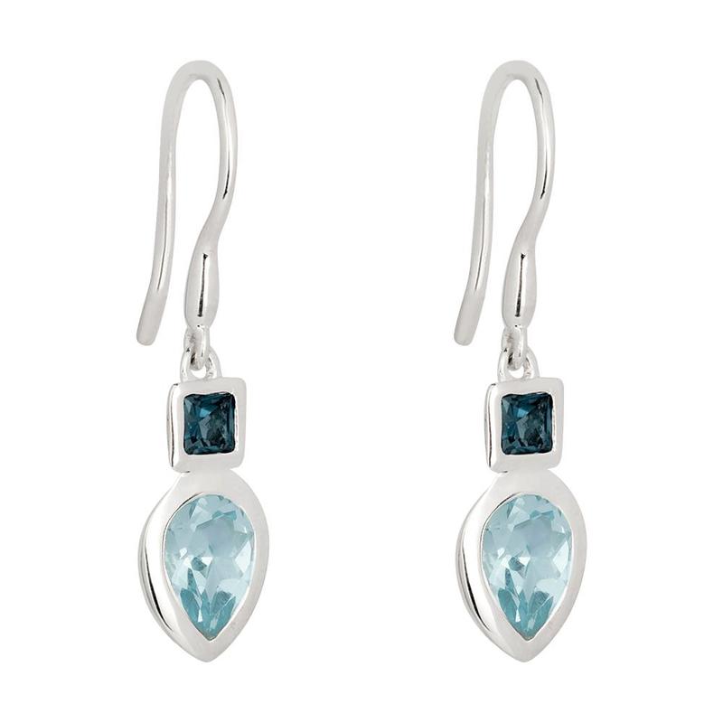 Blue Topaz Petal Silver Drop Earrings