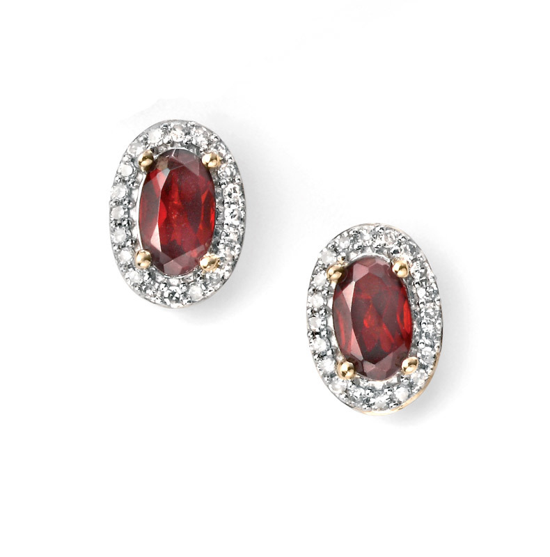 Oval Garnet and Diamond Cluster Stud Earrings