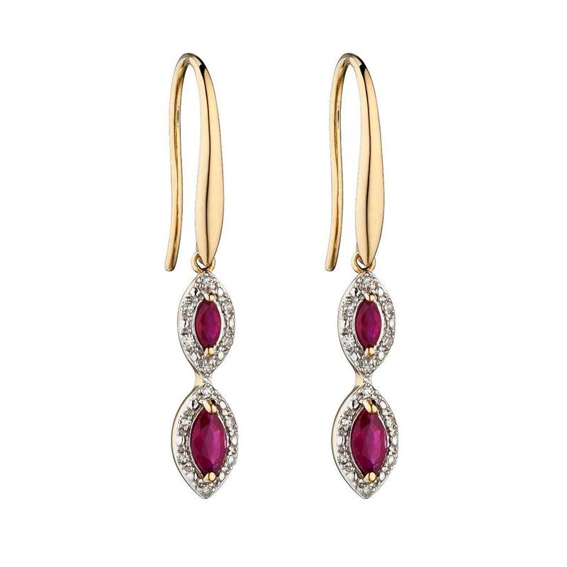 Ruby & Diamond Marquise Drop 9ct Earrings