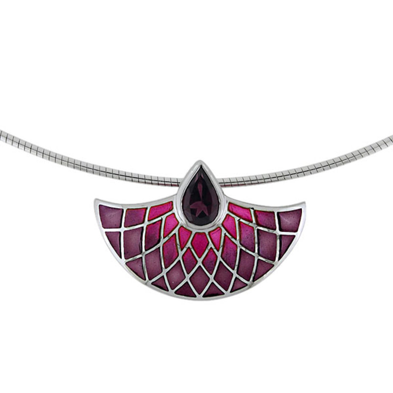 Nicole Barr Art Deco Silver Pink Enamel Necklace