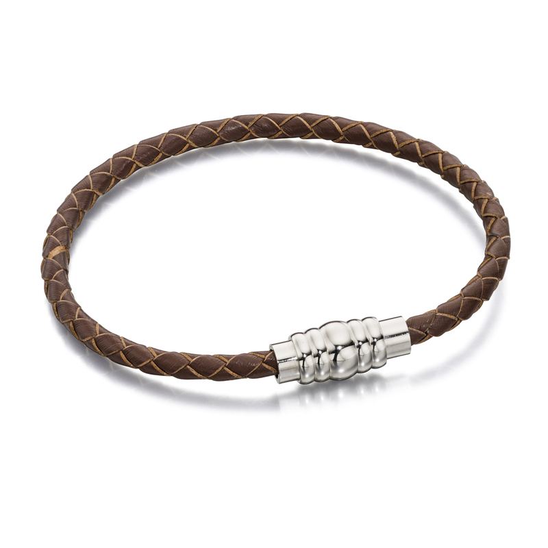 Fred Bennett Steel Brown Leather Magnetic Bracelet