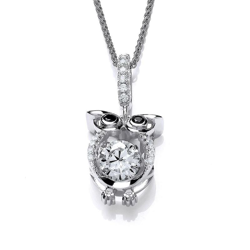 Cute Cubic Zirconia Owl with Dancing Stone Pendant