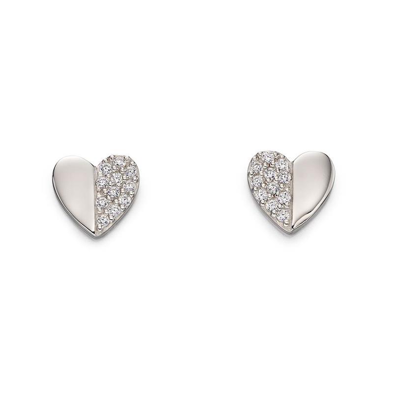 Split Heart Silver & Cubic Zirconia Stud Earrings