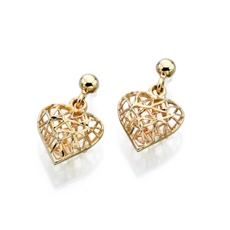 Caged Heart 9ct Yellow Gold Drop Earrings