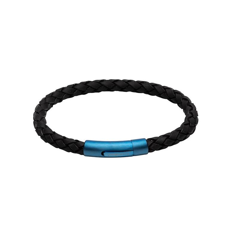 Black Leather Bracelet with Blue Steel Clasp