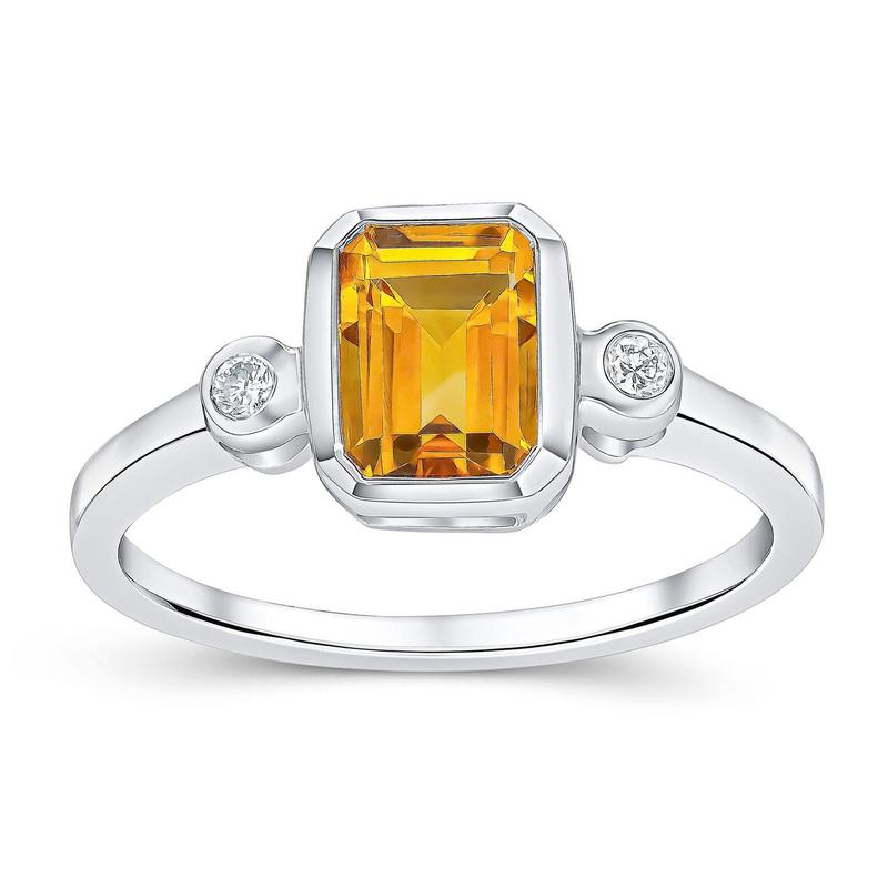 Citrine & Diamond Three Stone 9ct White Gold Ring
