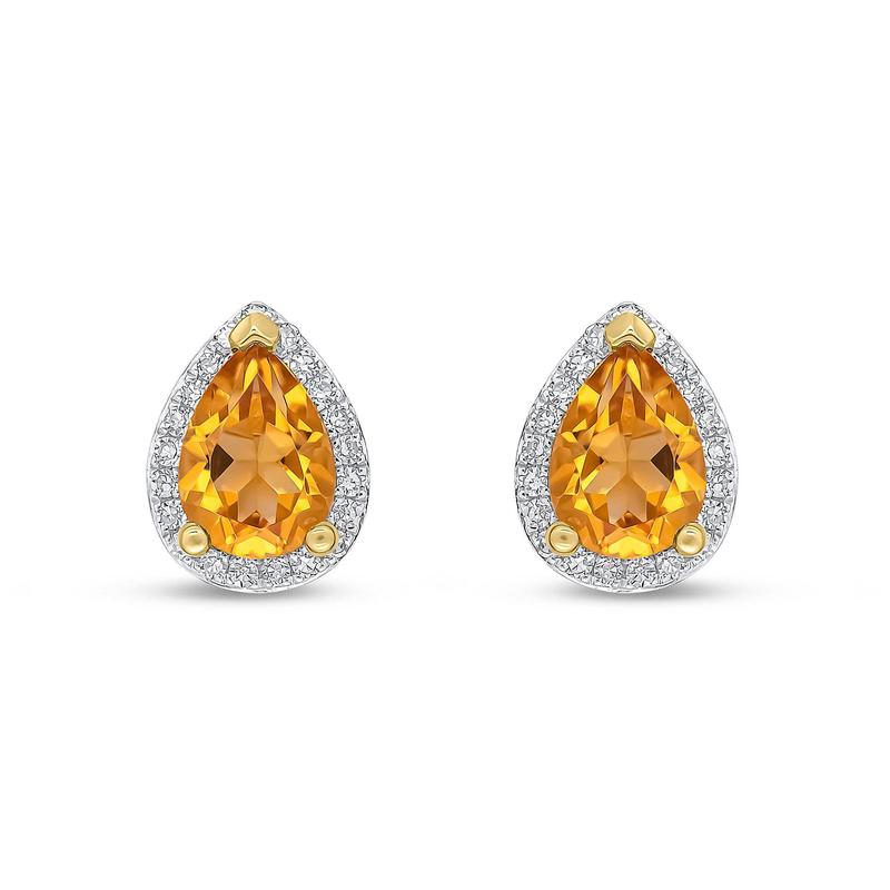 Pear Shape Citrine Diamond 9ct Gold Stud Earrings