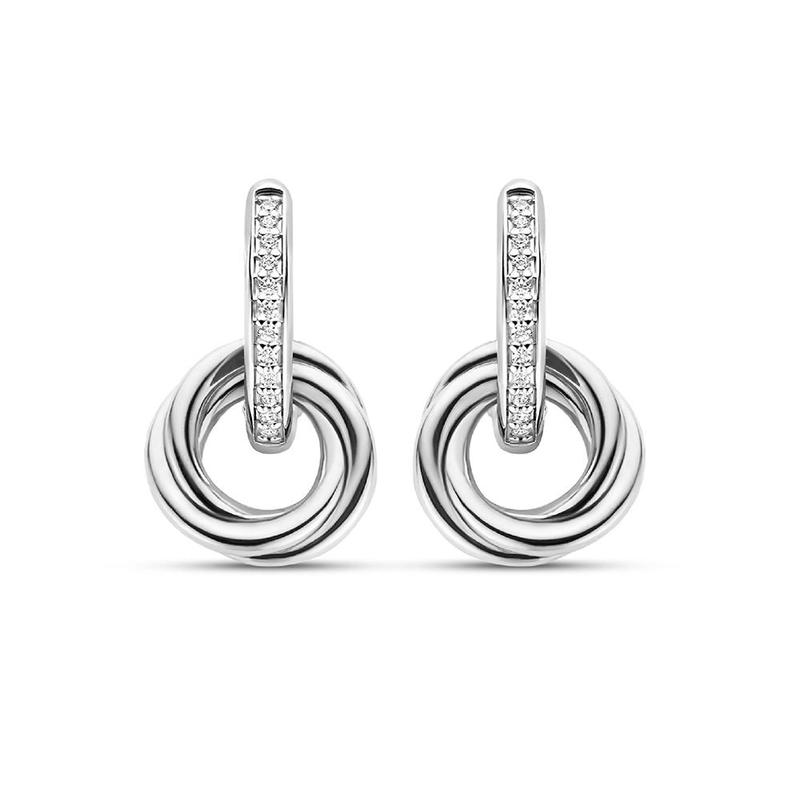 Twisted Circle Silver & Cubic Zirconia Drop Hoops