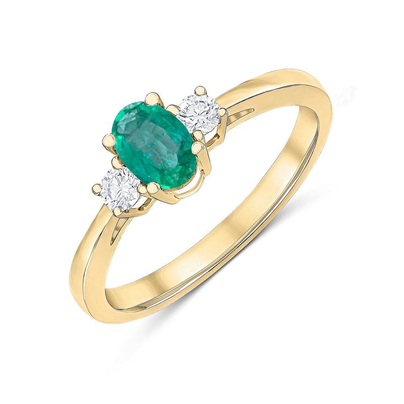 Emerald & 0.15ct Diamond Three Stone 9ct Gold Ring