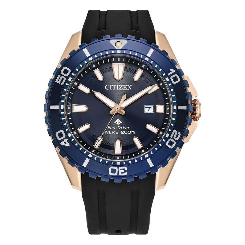 Eco-Drive Dive Watch with Blue Bezel and Rose Gold