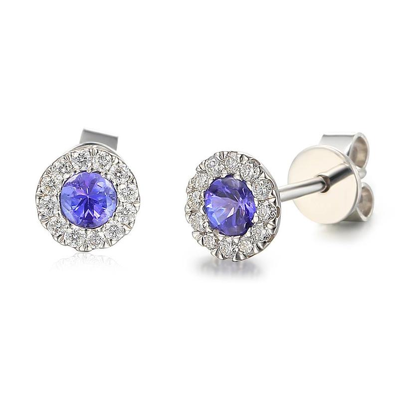 Round Halo Tanzanite & Diamond Stud Earrings