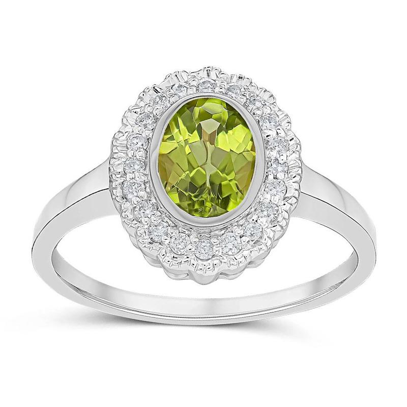Oval Peridot & Diamond Cluster 9ct White Gold Ring