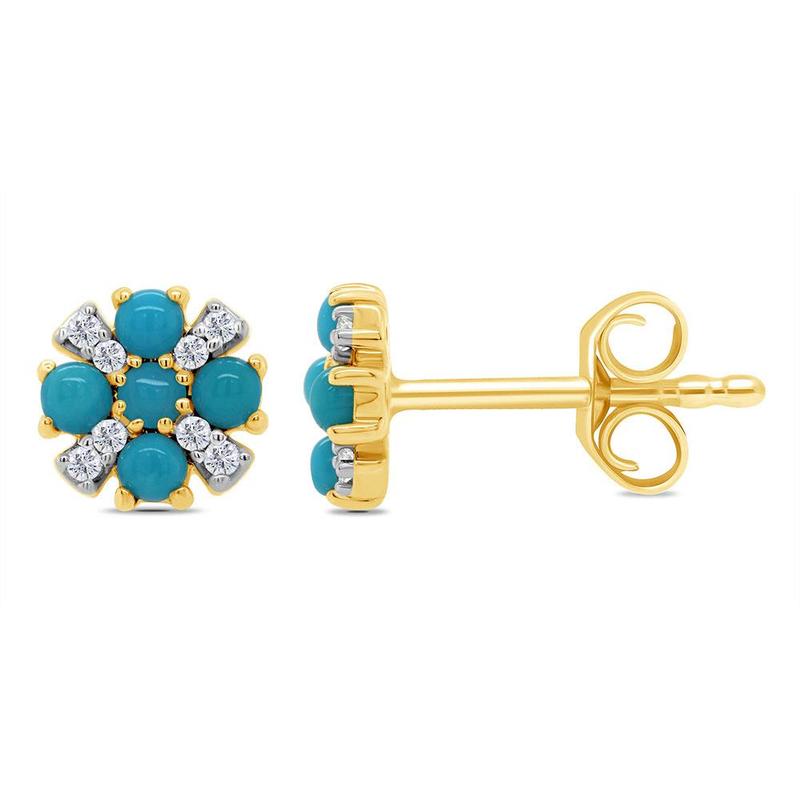 Turquoise & Diamond Cluster 9ct Gold Stud Earrings