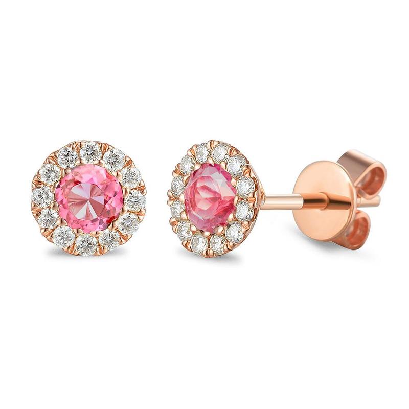 Round Halo Pink Tourmaline & Diamond Stud Earrings