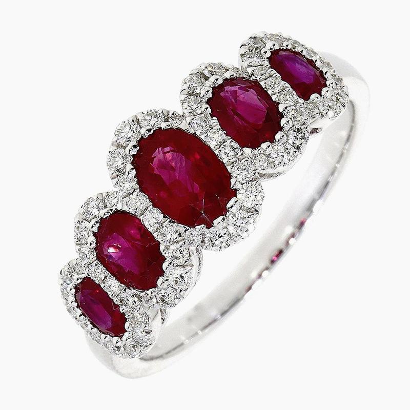 Five Oval Ruby & Diamond Cluster 18ct Ring