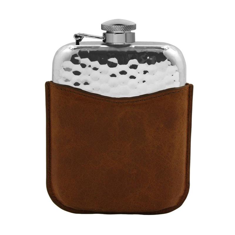 English Pewter 6oz Hip Flask with Leather Pouch