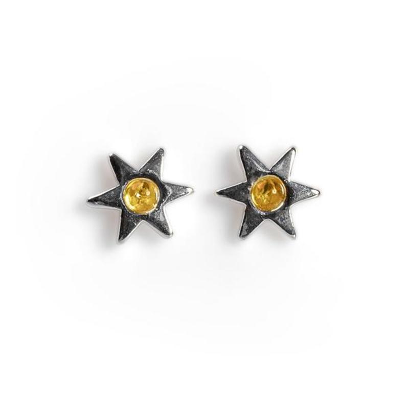Little Star Silver and Yellow Amber Stud Earrings