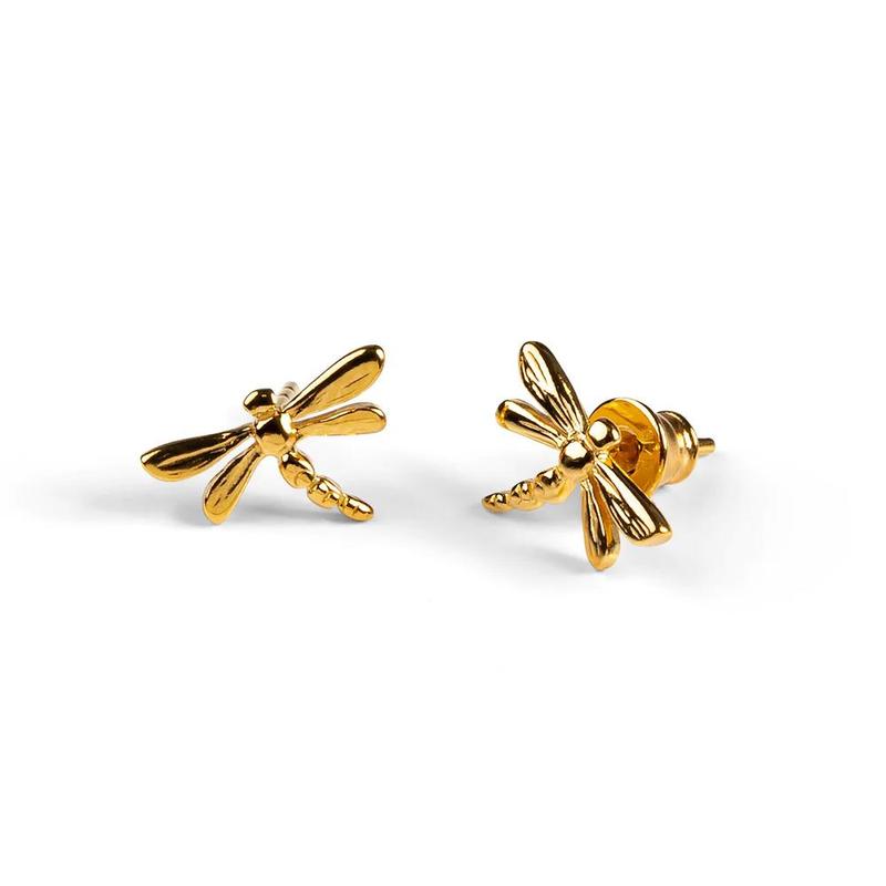 Dragonfly Stud Earrings Yellow Gold Plated Silver