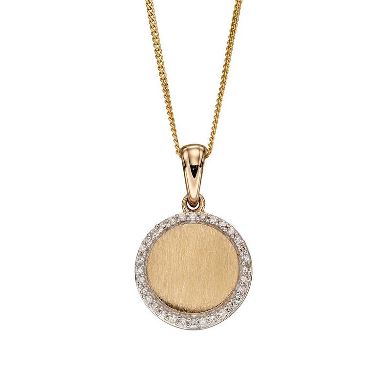 Brushed Gold Disc Pendant with Diamonds